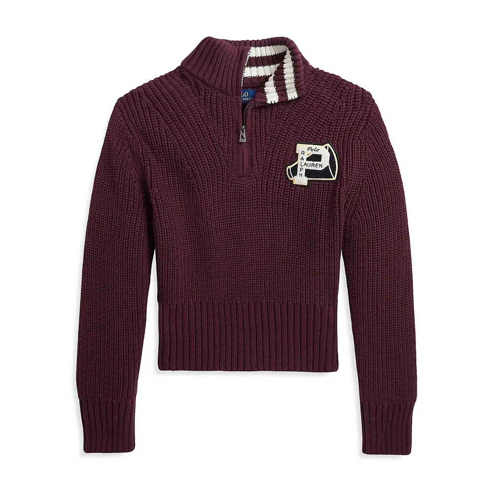 Polo Ralph Lauren Girl's Letterman-Patch Cotton Half-Zip Sweater