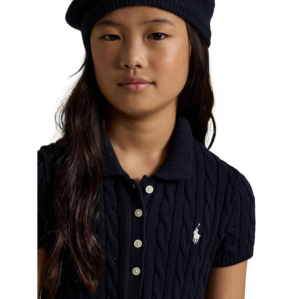 Girl's Cable-Knit Polo Sweater Dress