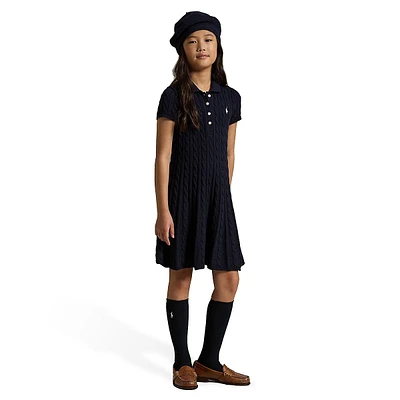 Girl's Cable-Knit Polo Sweater Dress