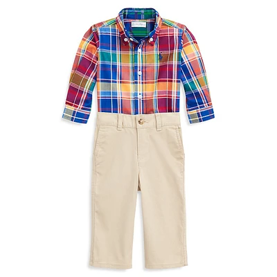 Baby Boy's Plaid Cotton Shirt & Chino Pants Set