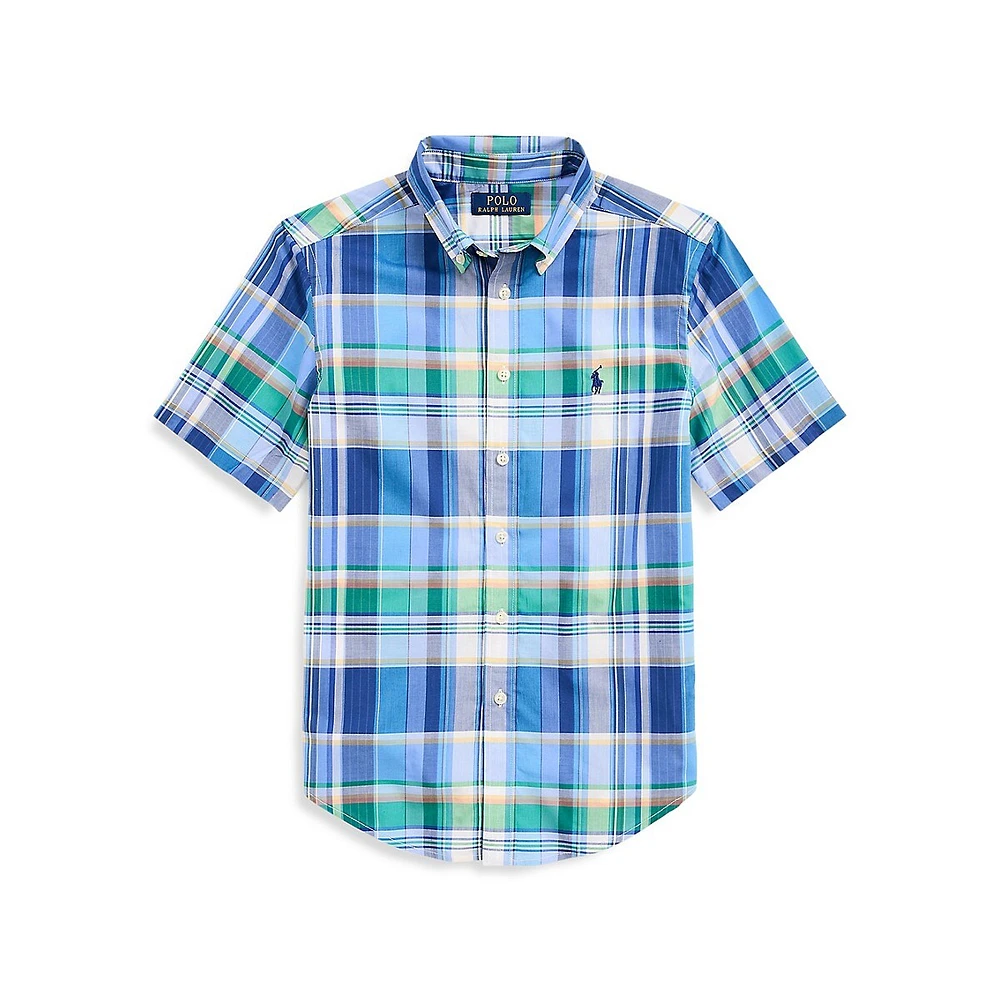 Boy's Plaid Cotton Poplin Short-Sleeve Shirt