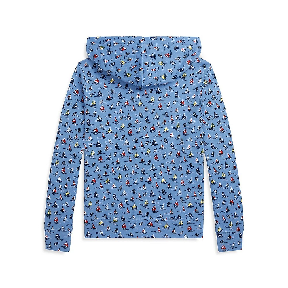 Boy's Sailboat-Print Spa Terry Full-Zip Hoodie