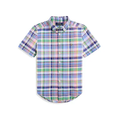 Boy's Short-Sleeve Plaid Oxford Shirt