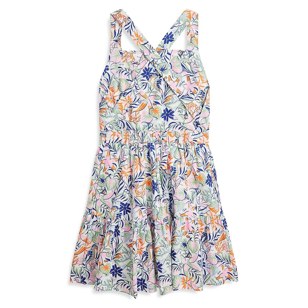 Girl's Tropical-Print Linen-Cotton Dress