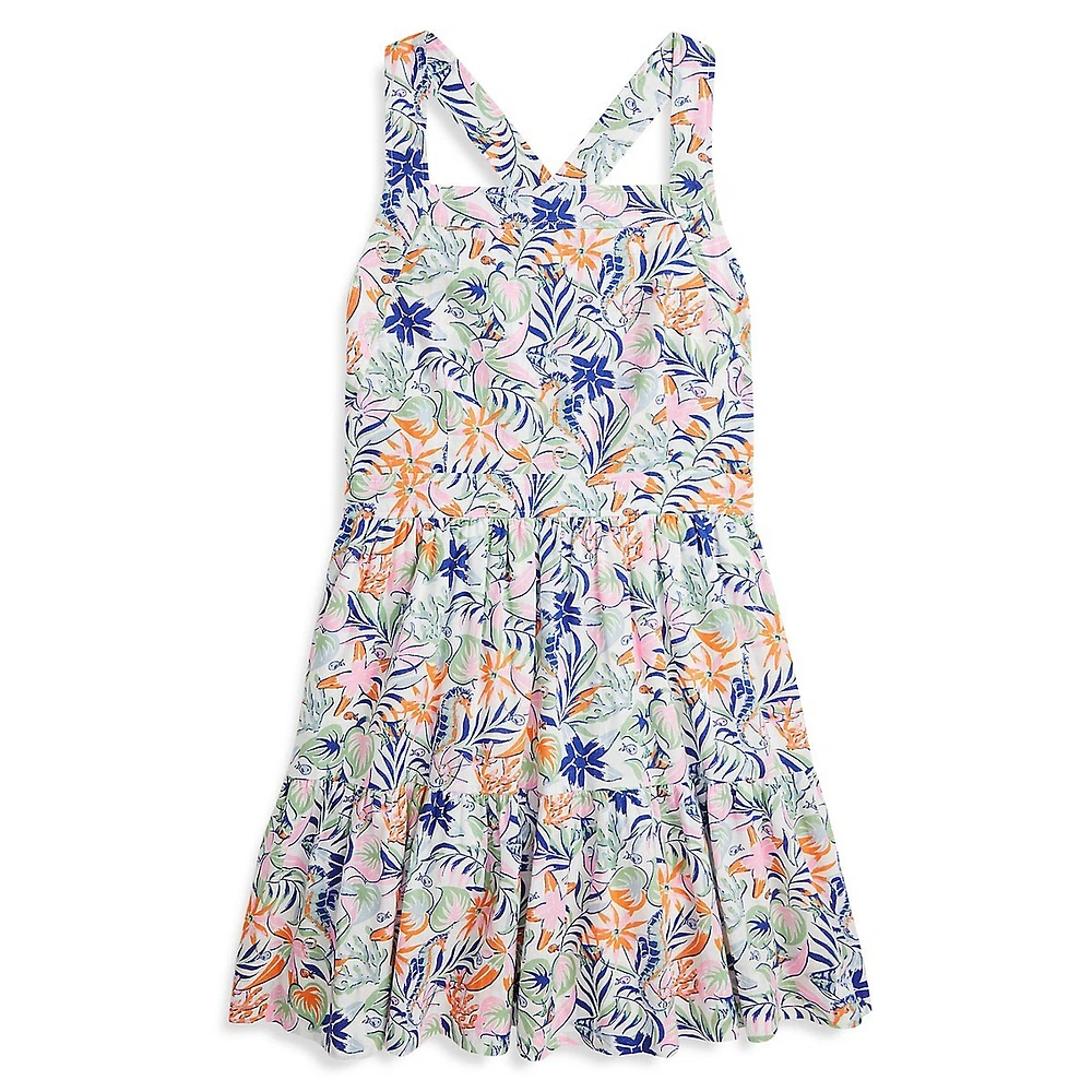 Girl's Tropical-Print Linen-Cotton Dress