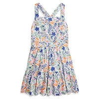 Girl's Tropical-Print Linen-Cotton Dress