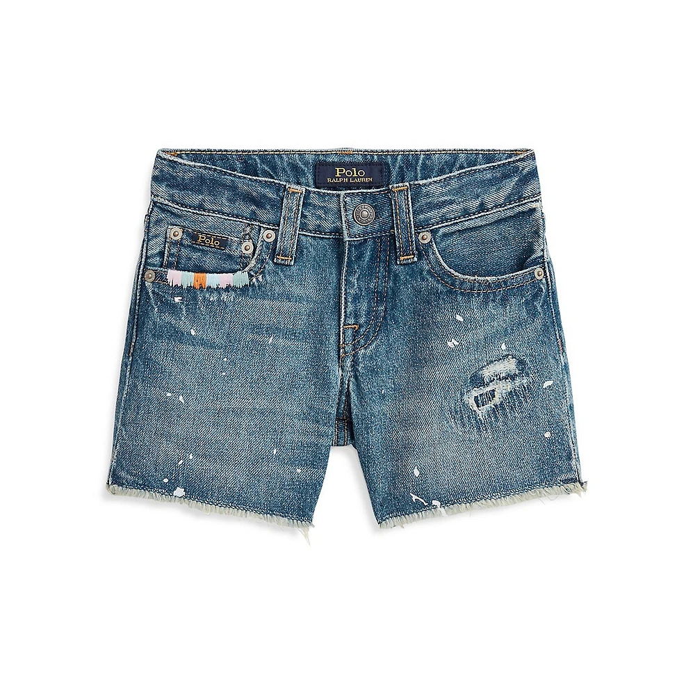 Little Girl's Paint-Splatter-Print Cotton Denim Shorts