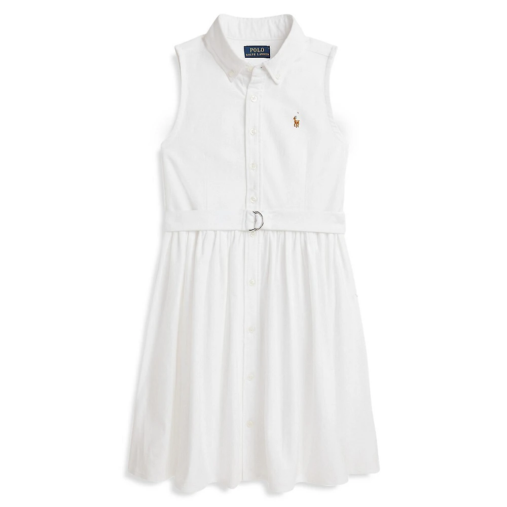 Girl's Belted Cotton Oxford Shirt Dress