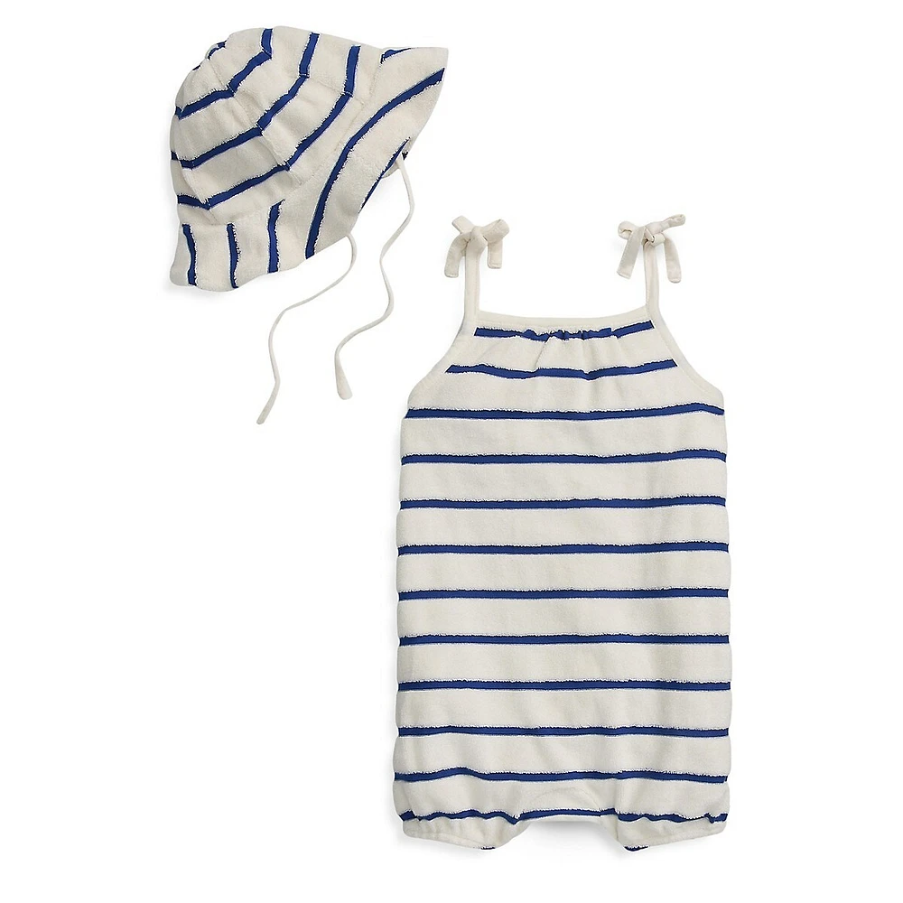 Baby Girl's 2-Piece Striped Terry Bubble Shortall & Hat Set