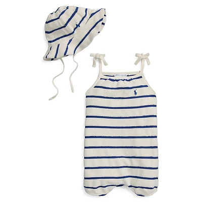 Baby Girl's 2-Piece Striped Terry Bubble Shortall & Hat Set