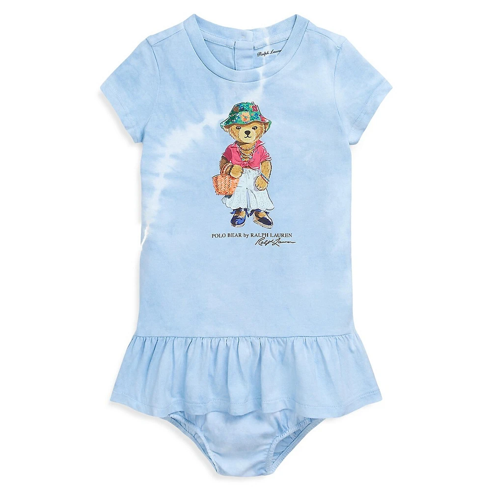 Baby Girl's Tie-Dye Polo Bear Cotton Dress & Bloomers