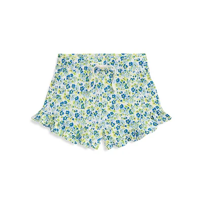 Little Girl's Floral Ruffled Stretch Mesh Shorts