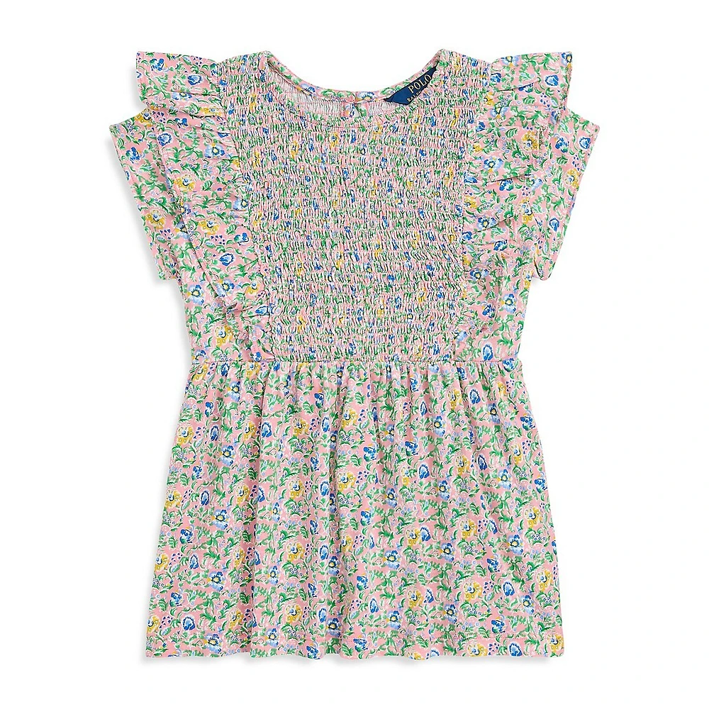 Girl's Floral-Print Smocked & Ruffled Top