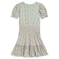 Girl's Floral Faux-Wrap Ruffled Dress
