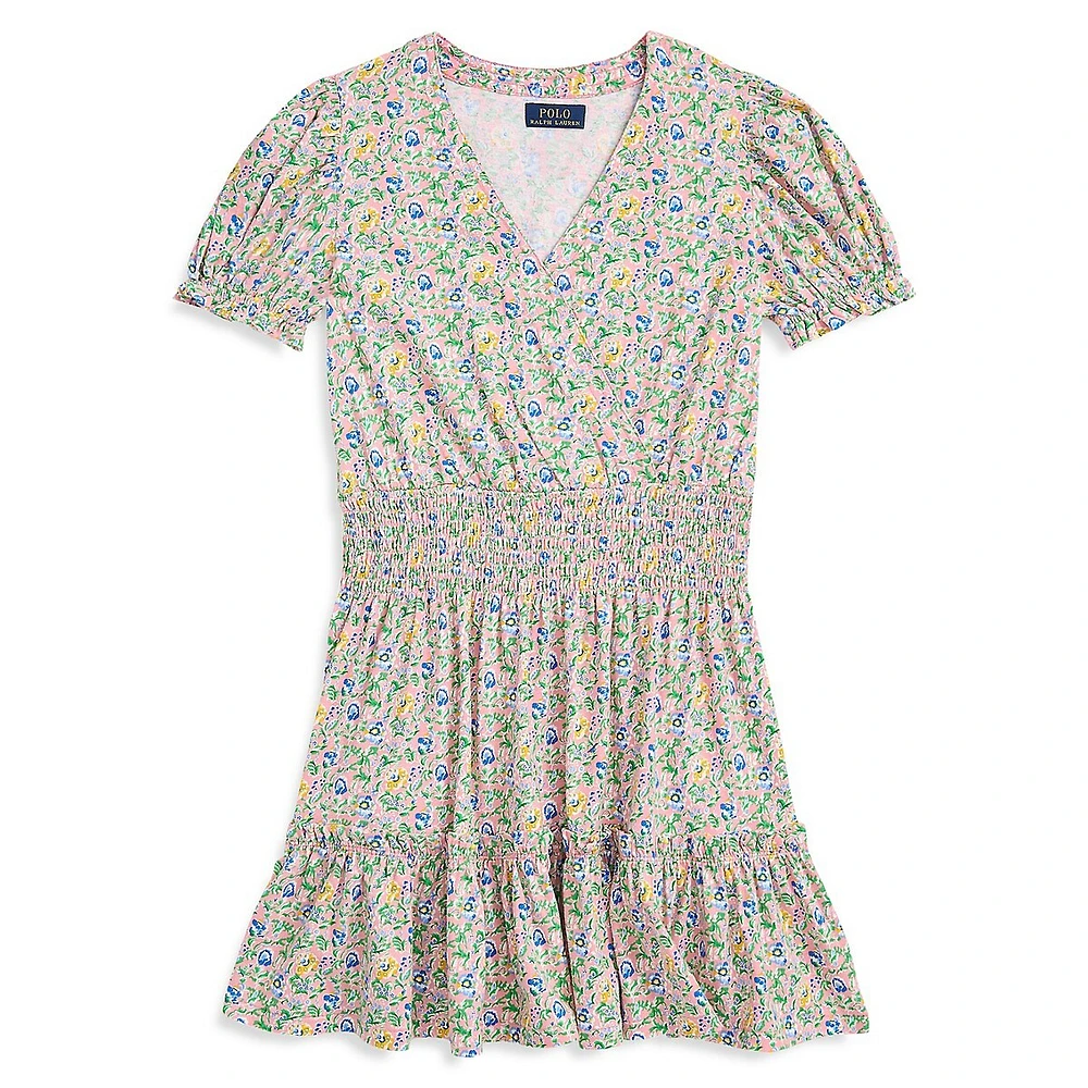 Girl's Floral Faux-Wrap Ruffled Dress