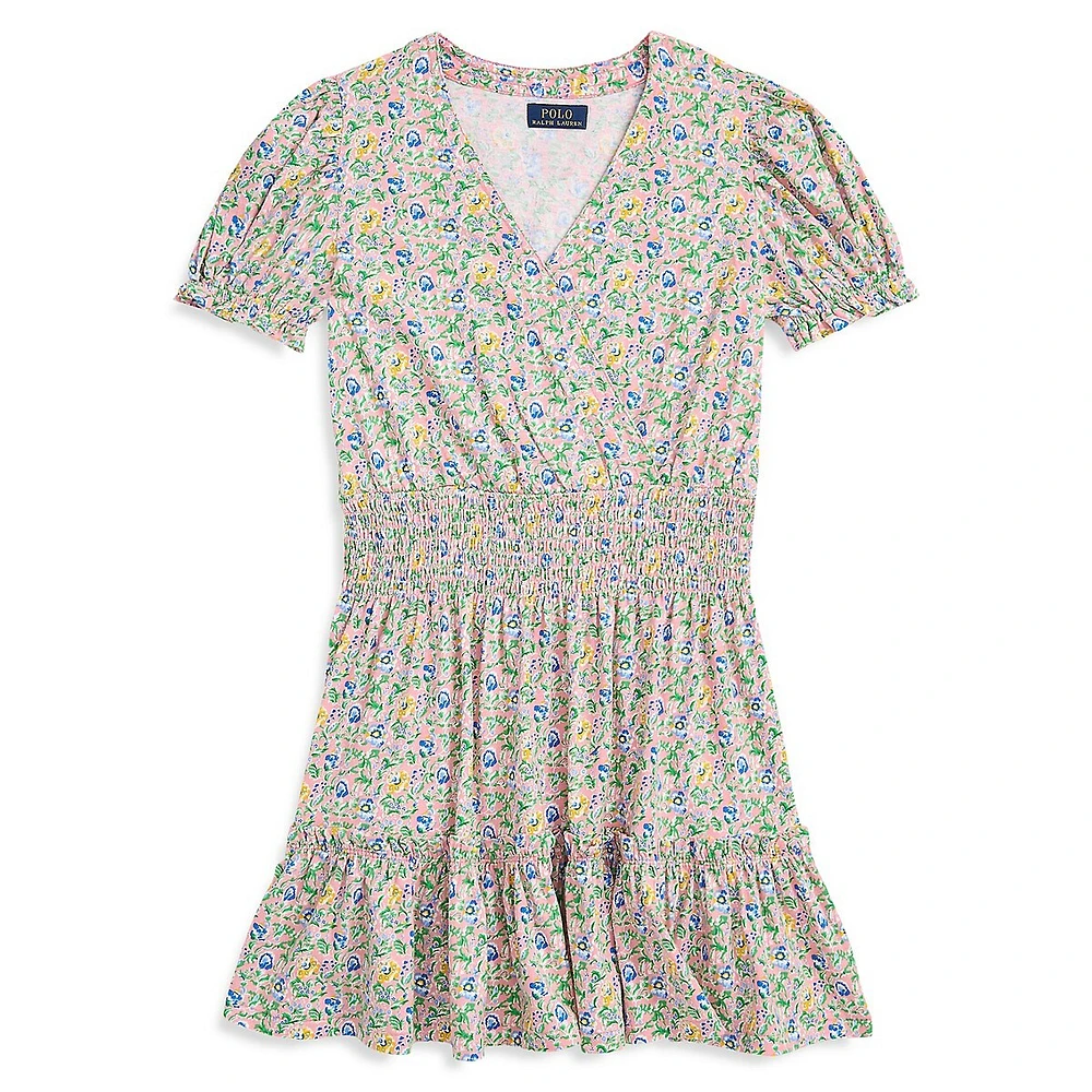 Girl's Floral Faux-Wrap Ruffled Dress