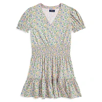 Girl's Floral Faux-Wrap Ruffled Dress