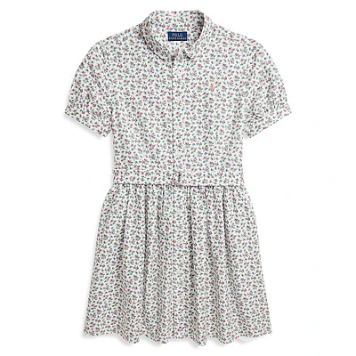 Girl's Belted Floral Cotton Oxford Shirt Dress