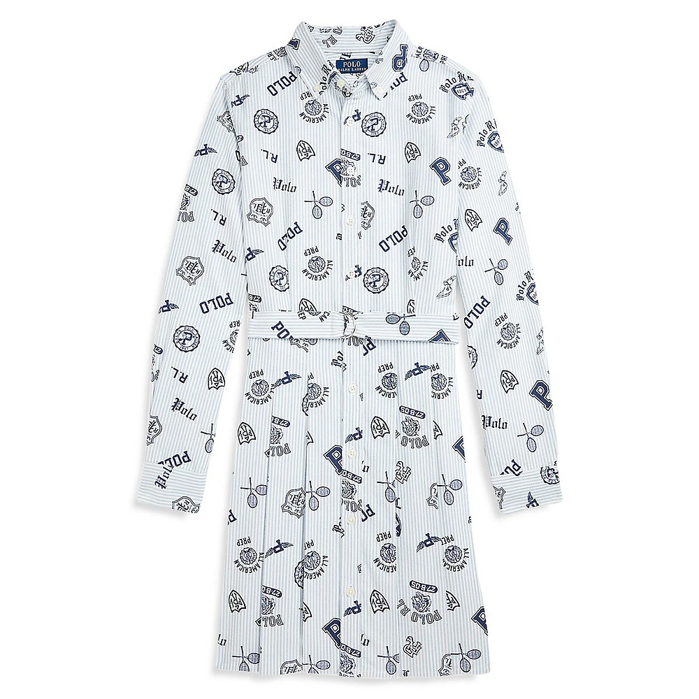 Girl's Logo-Print Pleated Oxford Shirt Dress