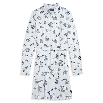 Girl's Logo-Print Pleated Oxford Shirtdress