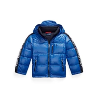 Little Boy's Logo-Tape Hooded Down Jacket