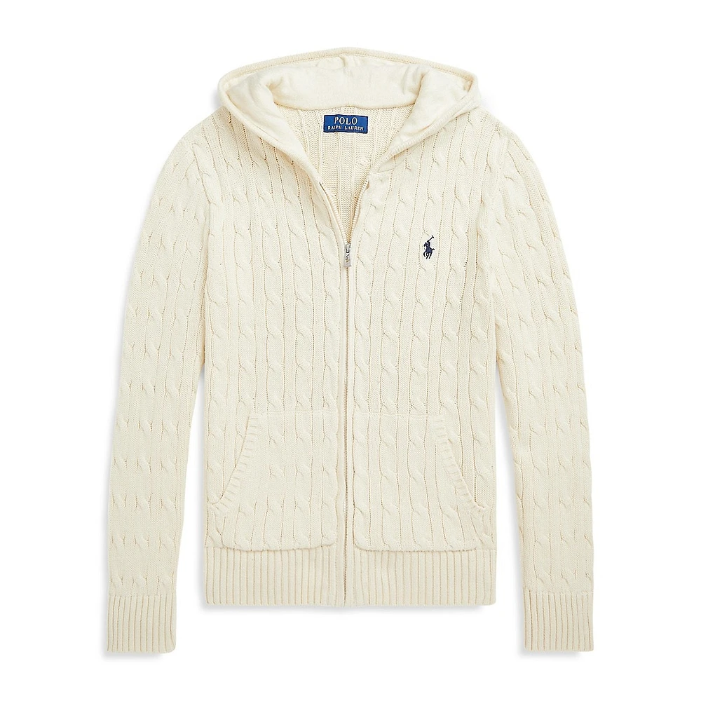 Boy's Cable-Knit Cotton Full-Zip Hooded Sweater