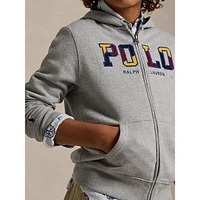 Boy's Corduroy-Logo Full-Zip Fleece Hoodie