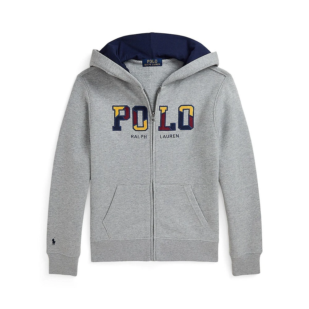 Boy's Corduroy-Logo Full-Zip Fleece Hoodie