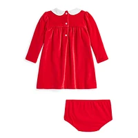 Ensemble 2 pièces en velours pour bébé avec robe taille empire et bloomer