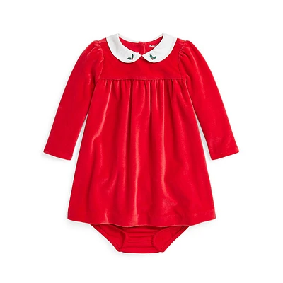 Ensemble 2 pièces en velours pour bébé avec robe taille empire et bloomer