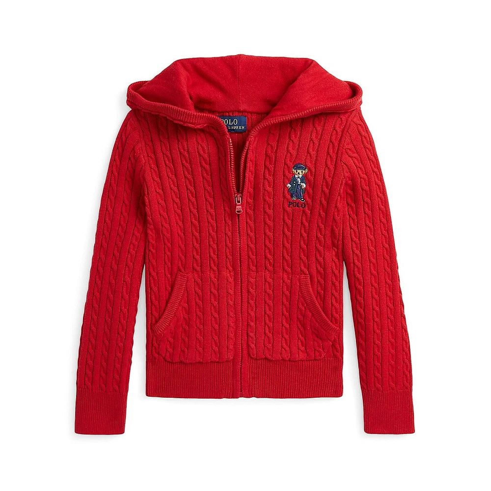 Little Girl's Polo Bear Full-Zip Cable Knit Sweater