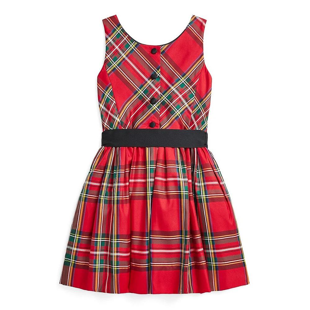 ​Little Girl's Ribbon-Sash Sleeveless Plaid Twill Dress