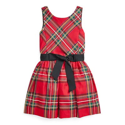 ​Little Girl's Ribbon-Sash Sleeveless Plaid Twill Dress