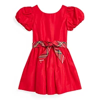 Little Girl's Plaid-Sash Balloon-Sleeve Dress