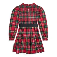 Little Girl's Ribbon-Sash Smocked Plaid Dress