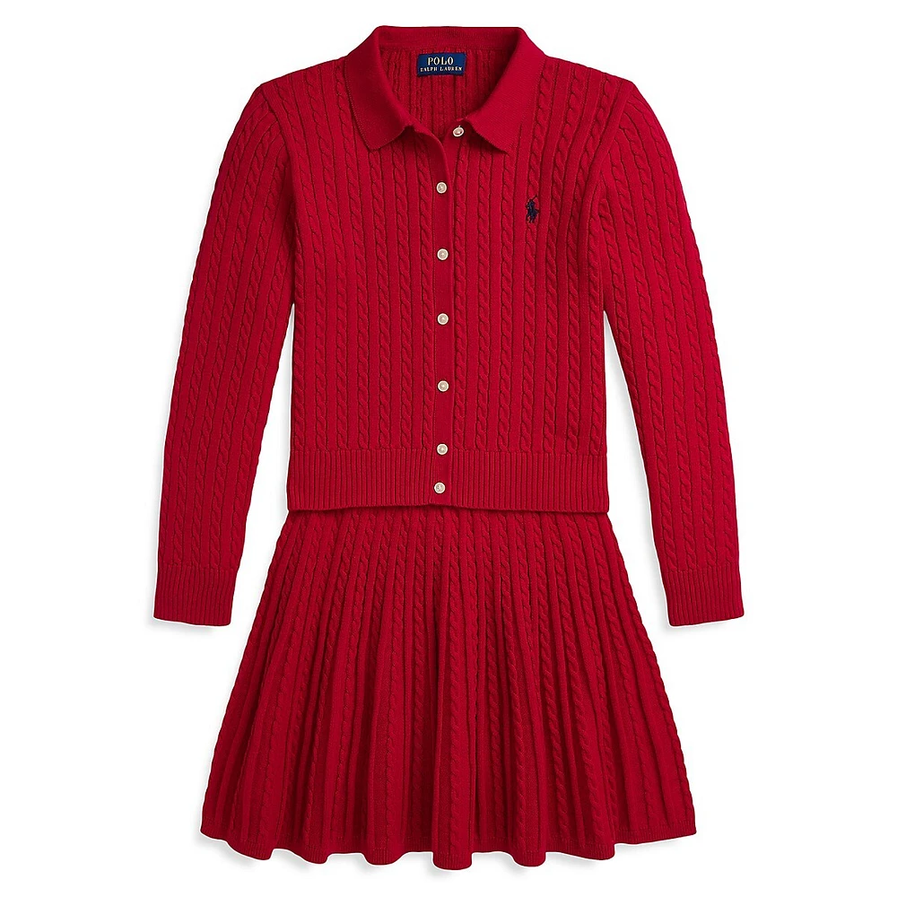 Girl's 2-Piece Cotton Polo Cardigan & Skirt Set