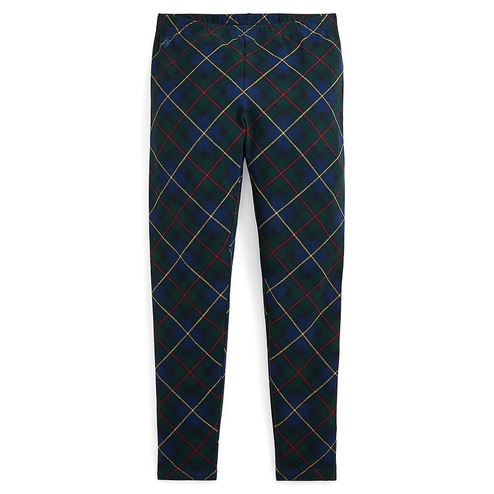 Girl's Plaid Stretch-Jersey Leggings