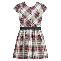 Girl's Ribbon-Sash Plaid Twill Dress