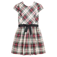 Girl's Ribbon-Sash Plaid Twill Dress