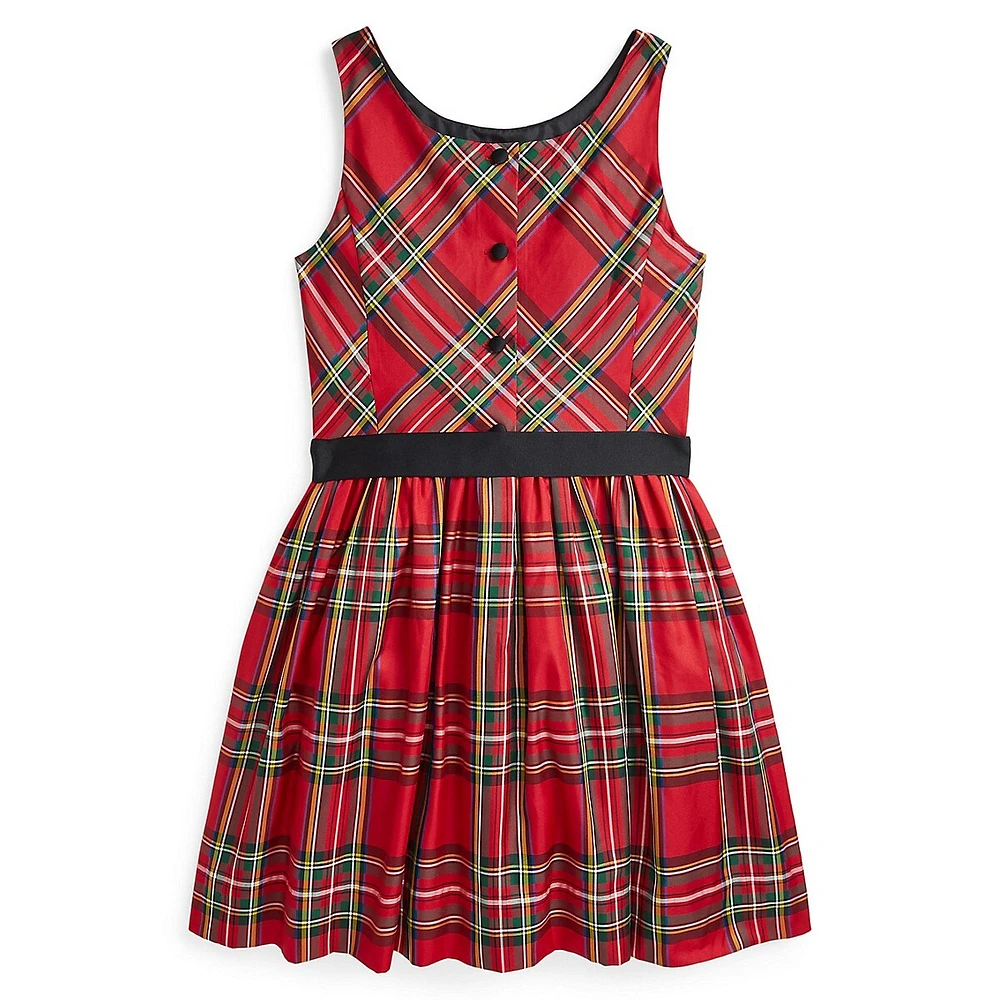 Girl's Ribbon-Sash Sleeveless Plaid Twill Dress