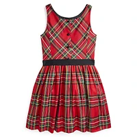 Girl's Ribbon-Sash Sleeveless Plaid Twill Dress