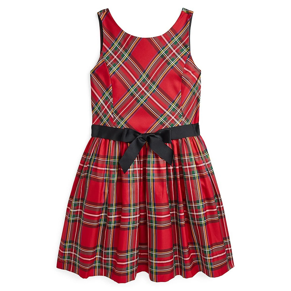 Girl's Ribbon-Sash Sleeveless Plaid Twill Dress