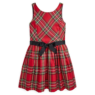 Girl's Ribbon-Sash Sleeveless Plaid Twill Dress