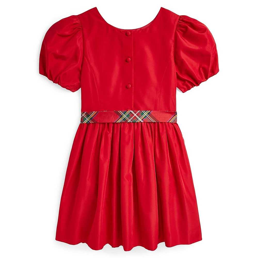 Girl's Plaid-Sash Balloon-Sleeve Dress