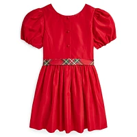 Girl's Plaid-Sash Balloon-Sleeve Dress