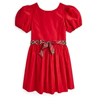 Girl's Plaid-Sash Balloon-Sleeve Dress