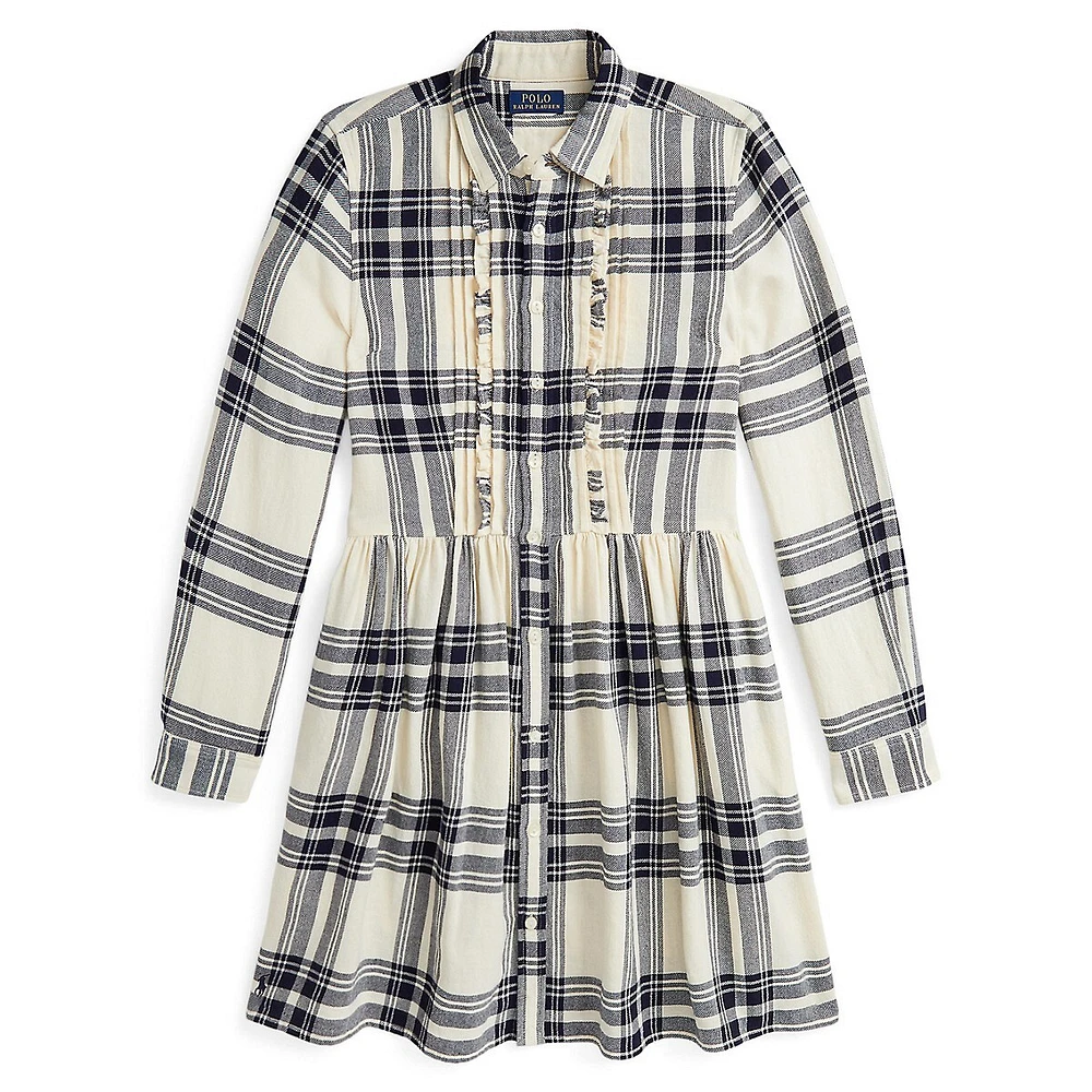 Girl's Ruffled Plaid Twill Shirt Dress