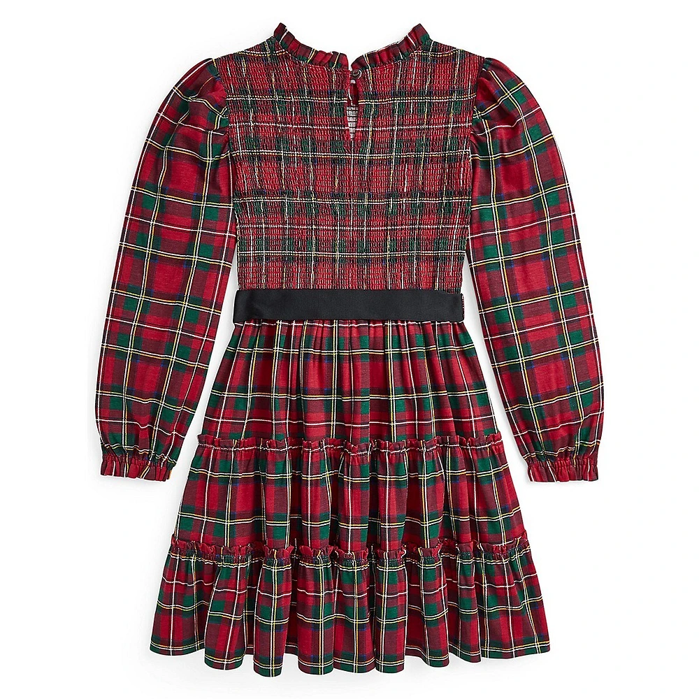 Girl's Ribbon-Sash Smocked Plaid Dress