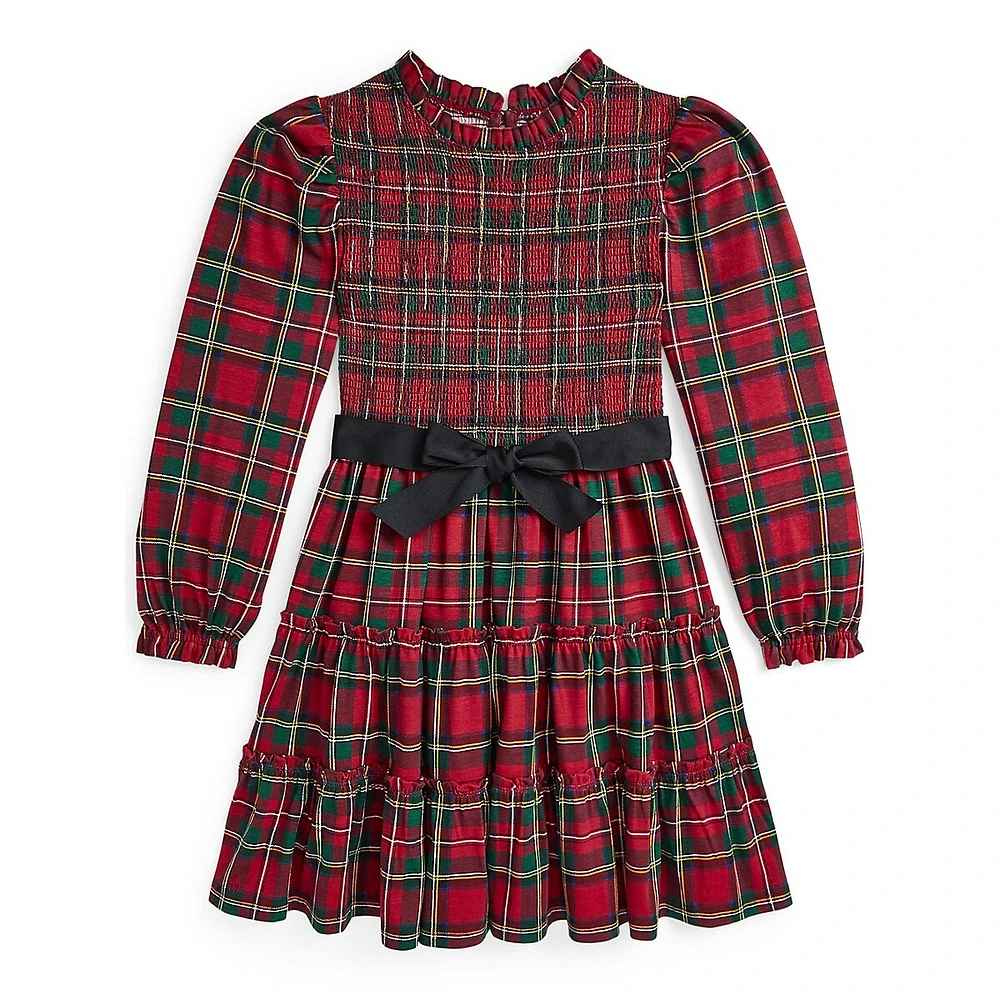 Girl's Ribbon-Sash Smocked Plaid Dress