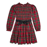 Girl's Ribbon-Sash Smocked Plaid Dress